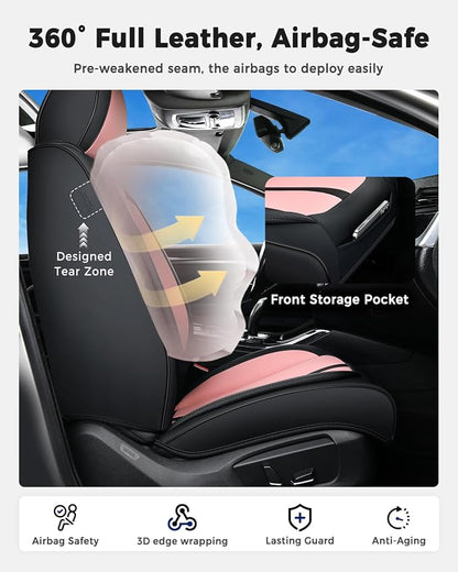 Huidasource Car Seat Covers Front Seats Luxury Nappa Leather, Front Seat Covers with Airbag, Front Storage Pocket, Lumbar Support, Cooling＆Heating, Universal Fit for Most Cars SUV Trucks, Black&Pink