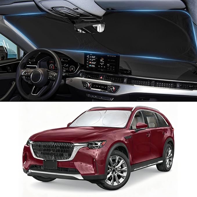 Windshield Sun Shade for 2024 2025 2026 Mazda CX-90 CX90 PHEV, Custom-Fit CX90 Sun Visor Protector, 99% UV Block Heat Sun Shield, Silver Reflective Front Window Sunshade