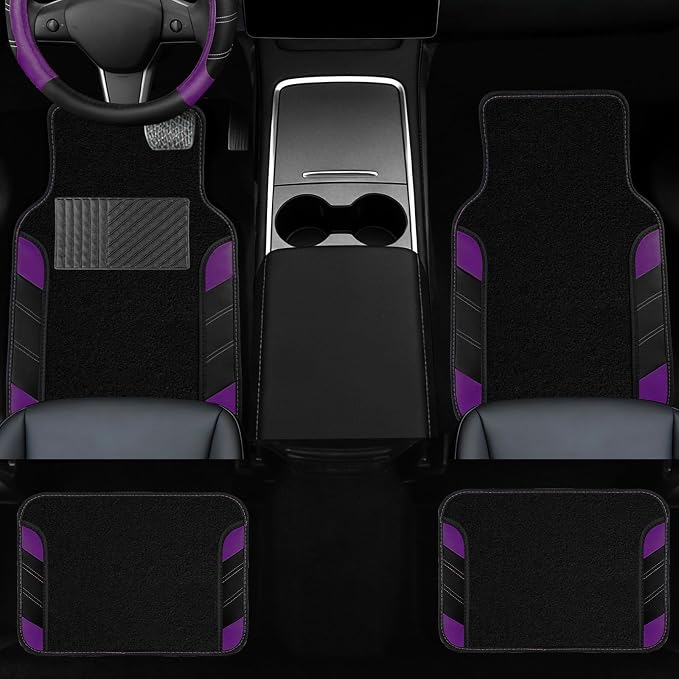 NBTEPEM 10 Pcs Car Floor Mats Full Set & Sport Leather Steering Wheel Cover 14.5-15 inch, Center Console Cover, Seat Belt Cushion, Cup Holder Coaster, Universal Automobile Interior Sets (Purple)