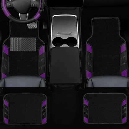 NBTEPEM 10 Pcs Car Floor Mats Full Set & Sport Leather Steering Wheel Cover 14.5-15 inch, Center Console Cover, Seat Belt Cushion, Cup Holder Coaster, Universal Automobile Interior Sets (Purple)