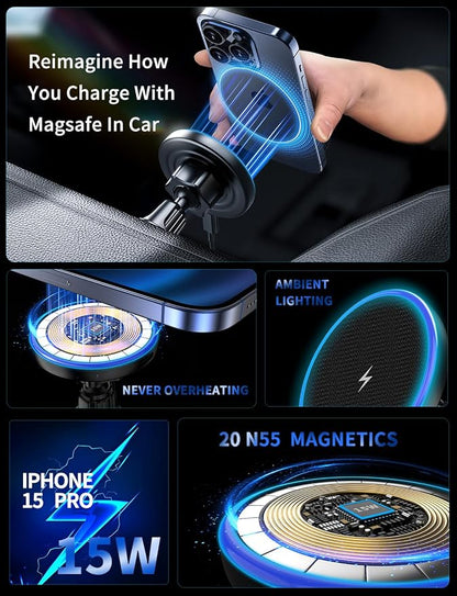 MagSafe Car Mount Charger, 3 in 1 [LED RGB HandsFree] Wireless Car Charger, Magnetic Phone Holders for Your Car- Fast Charging Car MagSafe Charger for iPhone 17/16/15/14/13/12 Series, for Men Women