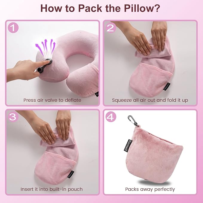 Keemall Inflatable Neck Pillow,Inflatable Travel Pillow Premium Pink U-Shaped with Soft Washable Cover, Compact Portable Airplane Travel Essentials for Flight, Car and Office, Travel Gift for Women