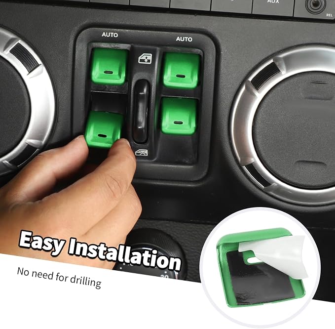 Jimen for JK Window Button Covers, 4PCS Center Console Window Switch Cover Interior Trim Kits Compatible with Jeep Wrangler JK & Unlimited 2012-2018, Aluminum Alloy (Green)