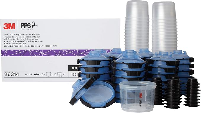 3M PPS 2.0 Spray Gun Cup, Lids and Liners Kit, 26314, Mini, 6 Ounces, 125-Micron Filter, Use for Cars, Furniture, House and More, 1 Paint Cup, 50 Disposable Lids and Liners, 32 Sealing Plugs