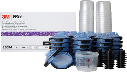 3M PPS 2.0 Spray Gun Cup, Lids and Liners Kit, 26314, Mini, 6 Ounces, 125-Micron Filter, Use for Cars, Furniture, House and More, 1 Paint Cup, 50 Disposable Lids and Liners, 32 Sealing Plugs