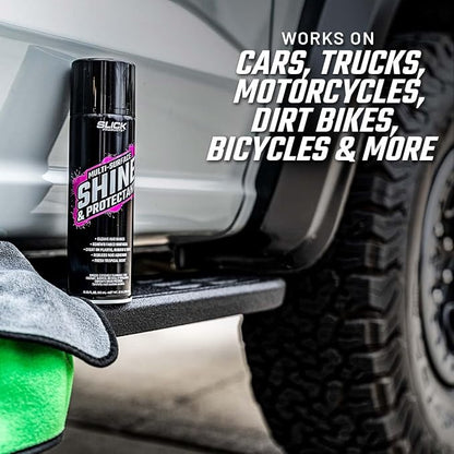Slick Products Shine & Protectant Spray 17.35 FL OZ. - High Gloss Clear Coating Renew Vinyl, Plastic, Rubber, Trim, Tire, Car, Truck, Motorcycle, Dirt Bike (4-Pack)