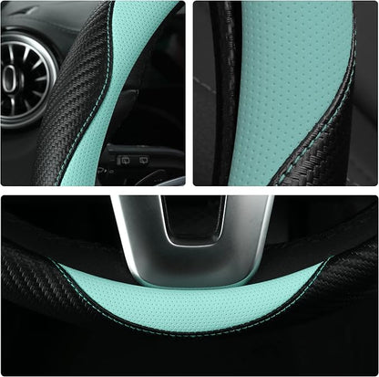HighnessHwoo Car Steering Wheel Covers for Women Girl Padded Carbon Fiber PU Leather Cute Cartoon Auto Interior Accessories for Jeep, Truck, Universal, Anti Slip, Green, Large Size, 15.2-16in