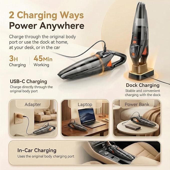 Handheld Vacuum Cordless, 25000Pa Powerful Suction Car Vacuum Portable Cordless with 8000mAh Battery & LED Light, Hand Held Vacuum Rechargeable with HEPA Filters, Home, Car Seats, Pet Hair Orange