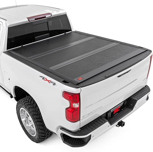 Rough Country Hard Low Profile Tri-Fold Tonneau Cover for Chevy Silverado & GMC Sierra 1500 (2019–2026) – Flush Mount Aluminum Bed Cover, Fits 6'7" Standard Bed