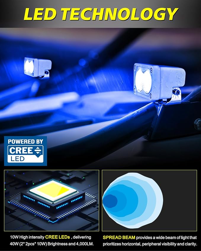 Blue LED Light Pods Waterproof 2Pcs 3 Inch 40W CREE LED Marine Deck Dock Cabin Courtesy Blue Diffused Floodlight for Boat Pontoon Dinghy Kayak Jon Yacht Truck Trailer Camper