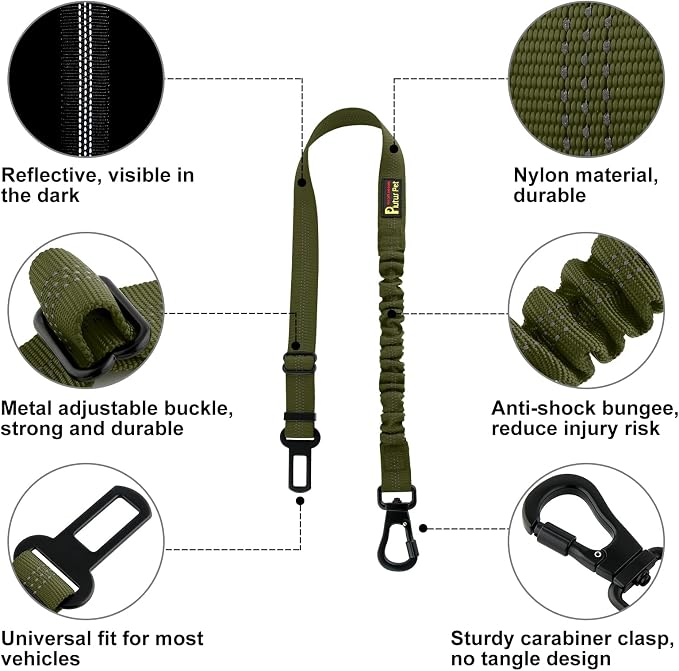 Plutus Pet Dog Seat Belt for Car, Adjustable Dog Car Harness with Carabiner Clip, Reflective Safety Dog Seatbelt Leash with Elastic Bungee, Ranger Green