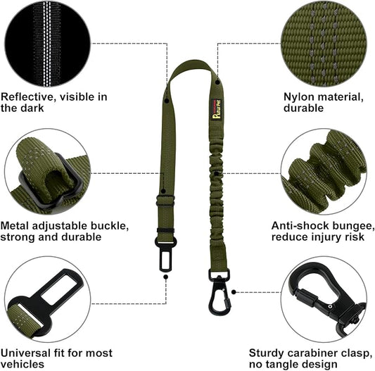 Plutus Pet Dog Seat Belt for Car, Adjustable Dog Car Harness with Carabiner Clip, Reflective Safety Dog Seatbelt Leash with Elastic Bungee, Ranger Green