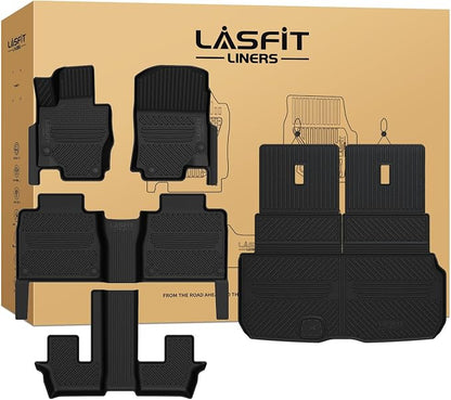 LASFIT Floor Mats & Cargo Mat with Seatback for Mercedes Benz GLS 2020-2026 450/580/ 63 AMG (Fit 7 Seats Without Rear Seat Package), All Weather TPE Custom Fit GLS, 3 Rows & Trunk Mat with Backrest