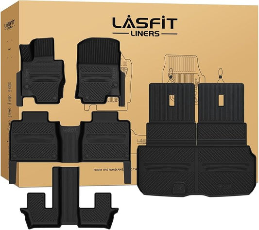 LASFIT Floor Mats & Cargo Mat with Seatback for Mercedes Benz GLS 2020-2026 450/580/ 63 AMG (Fit 7 Seats Without Rear Seat Package), All Weather TPE Custom Fit GLS, 3 Rows & Trunk Mat with Backrest