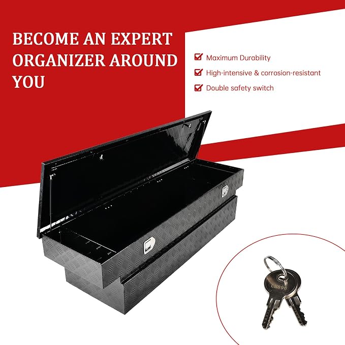 70''Inch Aluminum Truck Tool Box Truck Bed Toolbox Truck Trailer Chest Box Trailer Underbody Storage Organizer Waterproof Square Storage Organizer w/Lock & Keys Black(‎69.88" Lx20 Wx17.5 H)