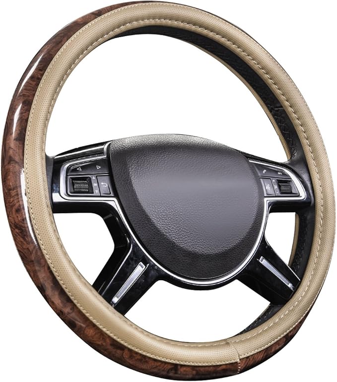 CAR PASS Wood Grain 14.5-15 inch Microfiber Leather Steering Wheel Cover, Anti-Slip Veins Design Steering Wheel Universal Fit for Most Cars, Sedans, SUV， Beige