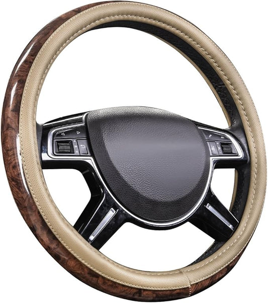 CAR PASS Wood Grain 14.5-15 inch Microfiber Leather Steering Wheel Cover, Anti-Slip Veins Design Steering Wheel Universal Fit for Most Cars, Sedans, SUV， Beige