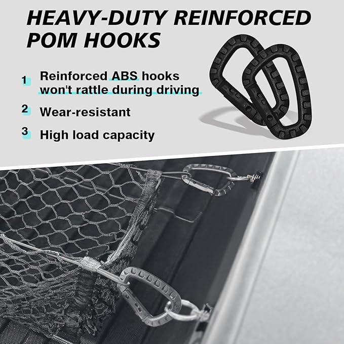 BestEvMod Cargo Mesh Net for Pickup Truck Bed Compatible with Tesla Cybertruck 2026 2025 2024 Accessories Mesh Extra Strong Hook Stretchable Trunk Organizer Cargo Net (3 Pocket, Reinforced POM Hooks)