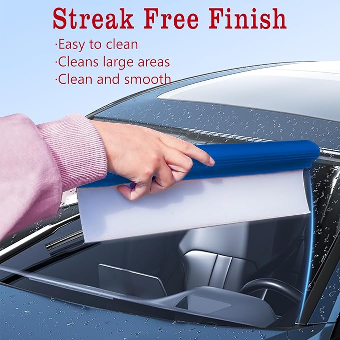 Blue Silicone T-Bar Car Squeegee - 12 Inch Car Window Squeegee for Drying, Professional Flexible One Pass Water Blade Auto Water Blade Cleaning for, Windshield, Glass, Window, Mirror