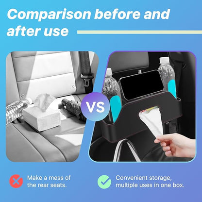 Car Seat Back Organizer, 3-in-1 Vehicle Backseat Storage Box with Cup Holder Tissue Box Trash Bin & Hooks, Multifunctional Auto Interior Headrest Organizer, Universal for SUV RV Truck (Black)