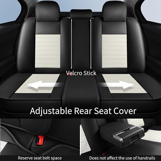 HChengkikz Car Seat Covers Full Set, Breathable Nappa Leather Seat Covers, Horizontal Stripes Automotive Seat Covers, Universal Seat Cushions for Sedan SUV Truck (5 PCS Full Set, Black + Cream)