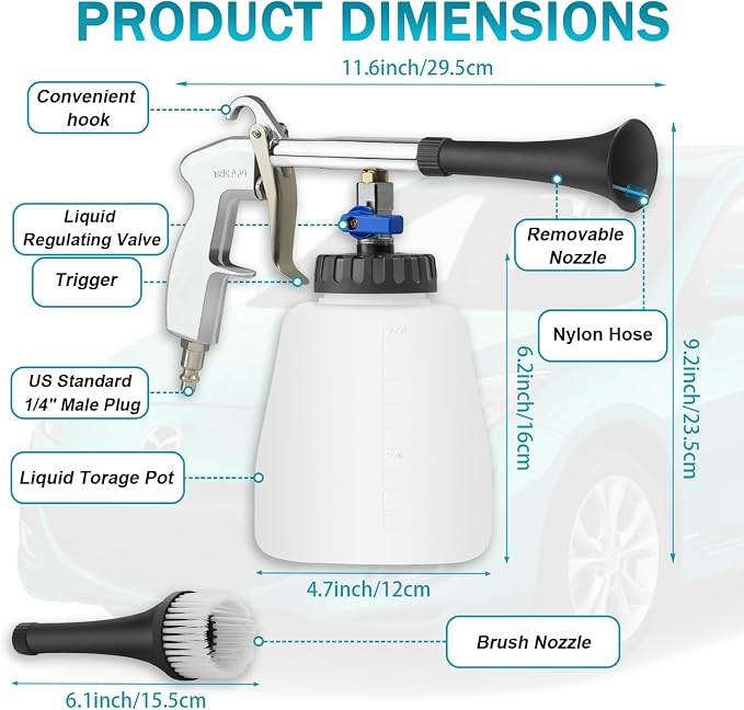 Car Cleaning Air Gun with 2 Nozzle Sets,Foam Bottle, Brush Head, Cleaning Sponge,Interior Cleaning Kit for Vehicle Upholstery, Carpet, and Seats
