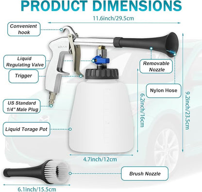 Car Cleaning Air Gun with 2 Nozzle Sets,Foam Bottle, Brush Head, Cleaning Sponge,Interior Cleaning Kit for Vehicle Upholstery, Carpet, and Seats