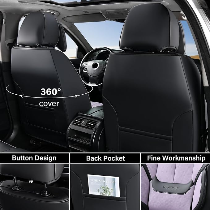 Coverado Universal Seat Covers Full Set, 5 Seats Universal Seat Covers for Cars, Waterproof Nappa Leather Car Seat Covers with Head Pillow, Auto Protectors Fit for Most SUV Pick-up Truck-Black&Purple