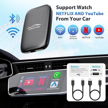 3-in-1 Wireless Carplay and Android Auto Adapter Streaming Video Fits Netflix/YouTube/TF Card, 2025 Upgrade Magic Car Play Vedio Box Converts OEM Wired to Wireless CarPlay Adapter for Cars from 2016