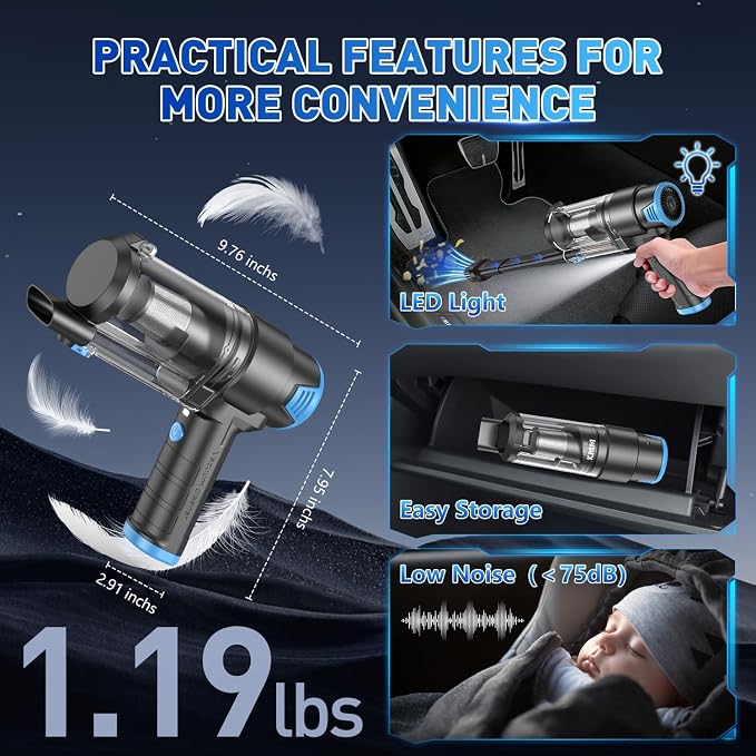 KMM Handheld Car Vacuum Cleaner, 16000PA Air Duster & Vacuum Cleaner, 120W High Power Hand Held Vacuum Cordless, Portable Vacuum Rechargeable with Multi-Nozzles & LED Light for Car, Home, Pet, Office