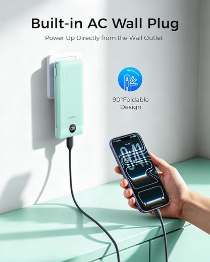 VEGER Portable Charger with Built-in AC Plug and Cables, All in One 10000mAh Ultra Slim Power Bank Emergency Fast Charging for Travel Battery Pack Compatible with iPhone, Samsung, Android, Green