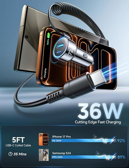 72W Car Charger USB C for iPhone 17/16, 36W Super Fast Charging Type C Coiled Cable for iPhone 17/16 Pro Max Plus/Samsung S25/S24/S23/Pixel 10 Car Phone Charger Adapter for Pixel/Android, iPad Pro