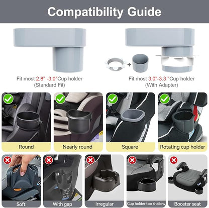 Car Seat Snack Tray for Toddlers - 3 Inch Cup Holder Fits Most Sippy Cups & Straw Bottles with Dip Well, Mess-Free Square Kids Travel Tray Road Trip Essentials, Grey