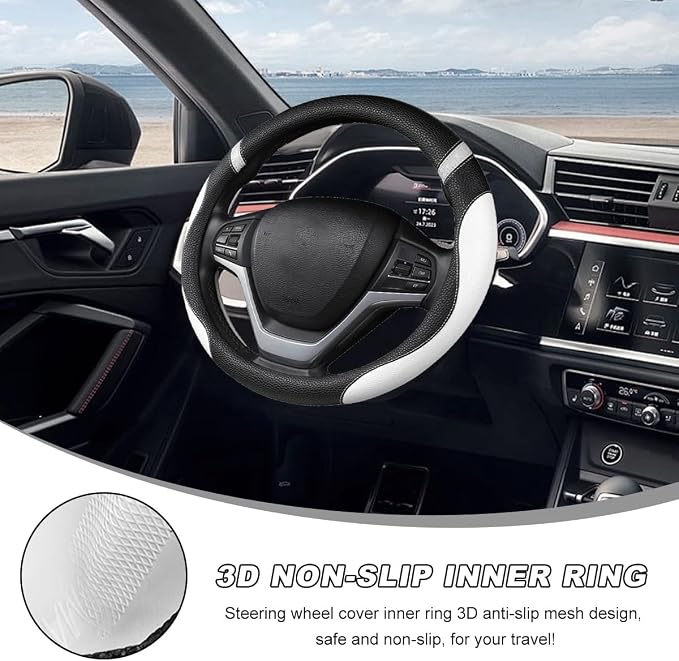 Car Steering Wheel Cover, 15 Inch Premium Leather Breathable Non-Slip Wheels Wrap, Universal Auto Comfortable Steering Wheel Protector for SUV Truck Van, Car Accessories (White)