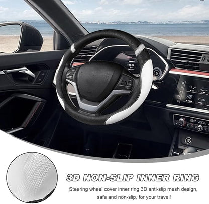 Car Steering Wheel Cover, 15 Inch Premium Leather Breathable Non-Slip Wheels Wrap, Universal Auto Comfortable Steering Wheel Protector for SUV Truck Van, Car Accessories (White)