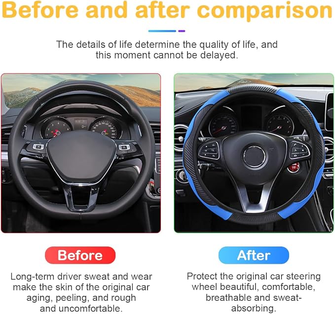 Osilly Car Steering Wheel Cover, 15 inch Carbon Fiber Microfiber PU Leather Elastic Steering Wheel Protector for Men Women, Anti-Slip Breathable Car Interior Accessories for Most Cars (Blue)