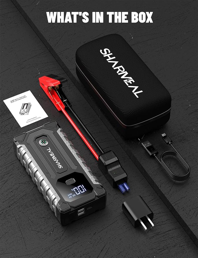 Sharmeal Car Battery Jump Starter 6000A, Car Jumper Starter Battery Pack for Up to All Gas & 10.0L Diesel Engines, 12V Portable Jump Box with 3 Modes Flashlight and Jumper Cable