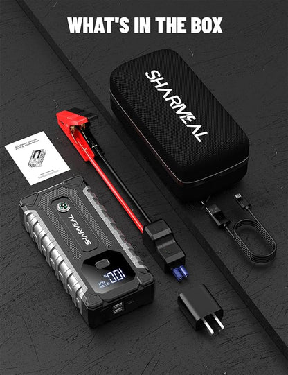 Sharmeal Car Battery Jump Starter 6000A, Car Jumper Starter Battery Pack for Up to All Gas & 10.0L Diesel Engines, 12V Portable Jump Box with 3 Modes Flashlight and Jumper Cable