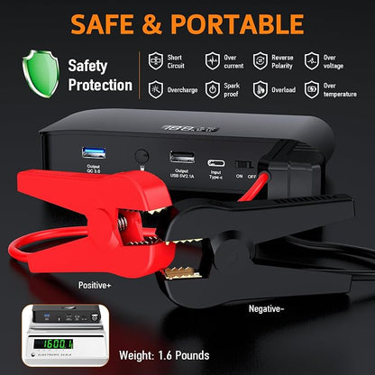 BOOKOO Car Battery Jump Starter 4000A,16000mAh Portable Battery Jumper Cables for Car 8L Gas 7L Diesel Engines,Jump Box with USB QC 3.0 PD 18W Fast Charging,3 LED Modes with SOS for Emergency Use