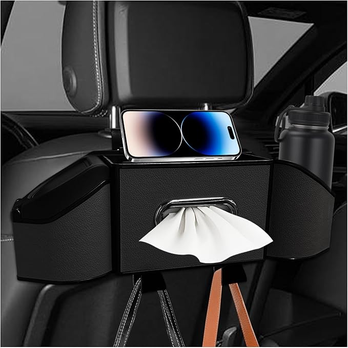 Car Backseat Organizer, 7-In-1 Multifunctional Car Headrest Storage Box with Hook Phone Holder & Cup Holder, Vehicle Hanging Seat Back Organizer for Hold Phone Snacks Drinks (Black)