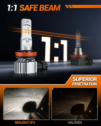 SEALIGHT H11 LED Fog Light Bulbs, 44000LM H8 H16 H11 LED Bulbs 6500K Cool White, 360° Adjustable Ring, Non-Polarity, IP68 Waterproof, Pack of 2
