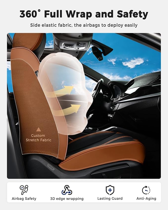 Huidasource Front Car Seat Cover, Luxury Faux Leather Car Seat Covers Front Seats, Fit Airbags, Seatbelt Buckles, Perforation, Cooling＆Heating, Universal Fit for Most Cars Vans Trucks SUVs Brown＆Black