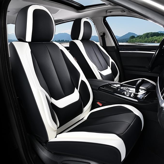 Coverado Seat Covers, Car Seat Covers Front Seats, Leather Seat Covers for Cars, Car Seat Protector Waterproof, Black Car Seat Cushion, Front Carseat Cover Universal Fit for Most Cars White