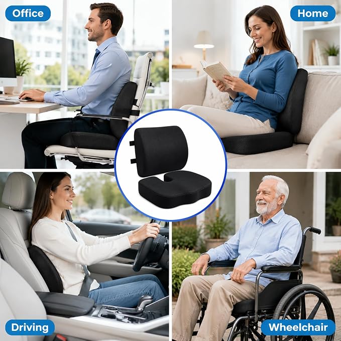 Ergonomic Seat Cushion & Lumbar Support Pillow for Office Chair, Memory Foam Seat Cushions for Tailbone Pain Relief, Sciatica & Lower Back Support for Desk Chair Car Home, Washable, Non Slip