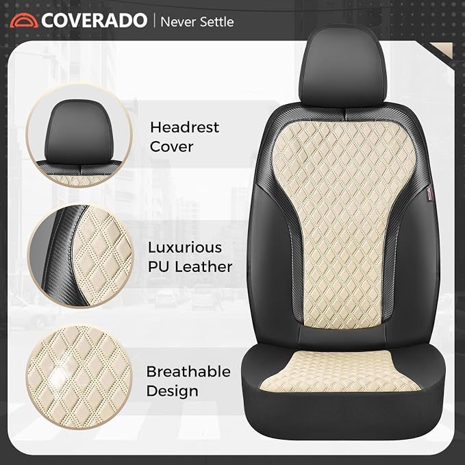 Coverado Car Seat Cover 5 Seats, Leather Seat Covers Full Set, Durable Waterproof Car Seat Protectors, Black and Beige Seat Cover, Spill-Proof Automotive Seat Covers Universal Fit for Most Cars