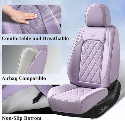 Coverado Car Seat Covers Full Set, Purple Leather Seat Covers for Cars, Luxury Front and Back Car Seat Protector, Universal Waterproof Car Seat Cover, Automotive Seat Covers Fit for Most Cars, Purple