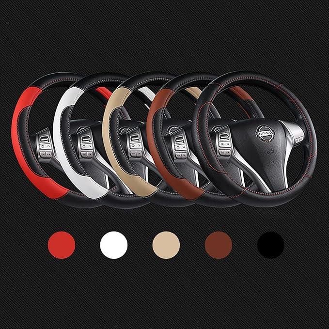 Leather Car Steering Wheel Cover, Non-Slip Car Wheel Cover Protector Breathable Microfiber Leather Universal Fit for Most Cars(Black)