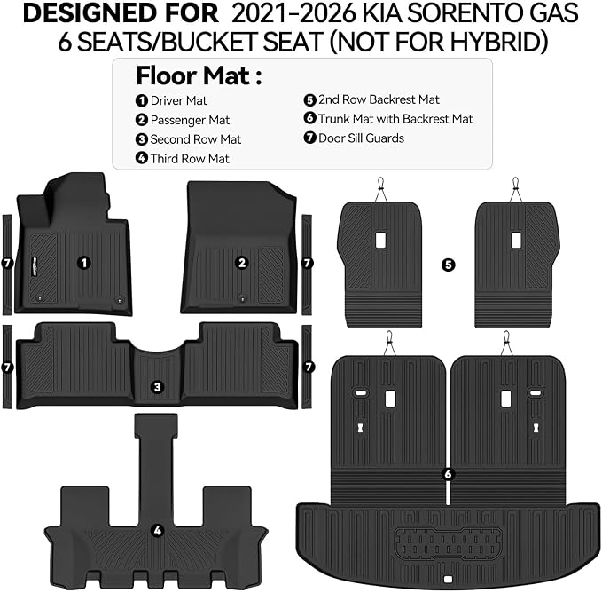 Floor Mats for 2021-2026 Kia Sorento Gas 6 Seats/Captain Chairs (Not for Hybrid), Trunk Mat & Backrest Mat & Door Sill Guard All Weather TPE Protector for Sorento Accessories