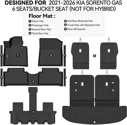 Floor Mats for 2021-2026 Kia Sorento Gas 6 Seats/Captain Chairs (Not for Hybrid), Trunk Mat & Backrest Mat & Door Sill Guard All Weather TPE Protector for Sorento Accessories