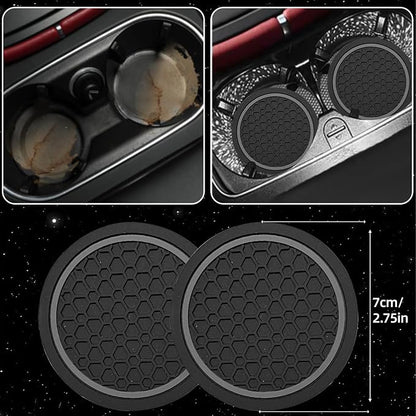 NBTEPEM 6 Pcs Grey Car Accessories Set, Sport Leather Steering Wheel Cover 14.5-15inch Universal, Microfiber Leather Car Center Console Cover, Seat Belt Cushion, Cup Holder Coaster (Black-Grey)